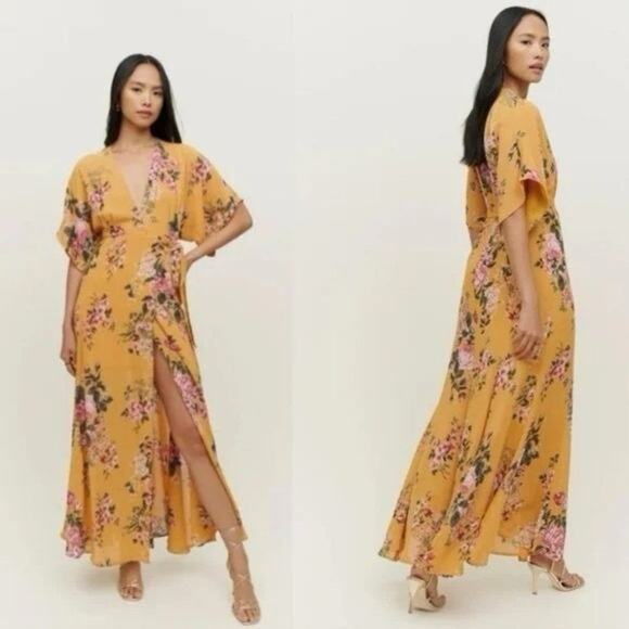 Reformation Winslow Maxi Dress Angelica Floral Yellow XL 100% Viscose Wrap - Picture 1 of 9